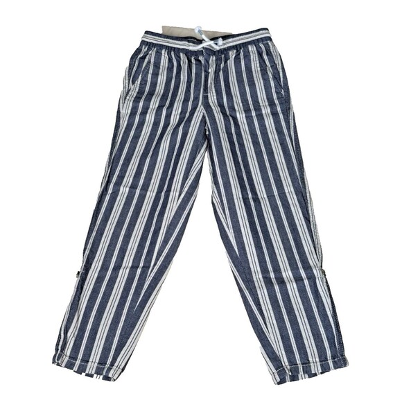 H&M Boys Striped Cotton Pants Size 7-8Y Blue White Roll Tab Cuffed Drawstring - Picture 1 of 11